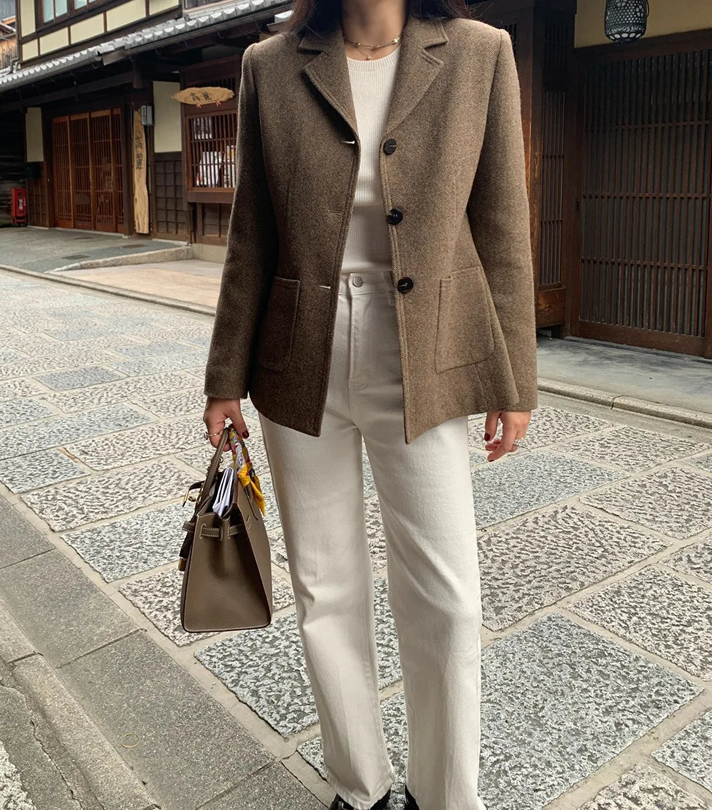 Chaqueta de traje de lana elegante coreano para mujer Otoño e Invierno Slim Fit marrón viajero abrigo de lana de gama alta Blazers ropa de mujer