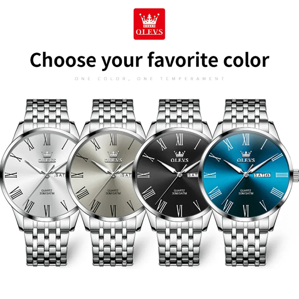 OLEVS, reloj minimalista de negocios de acero inoxidable para hombre, manecillas luminosas de lujo, calendario a escala romana, relojes de cuarzo resistentes al agua para hombre