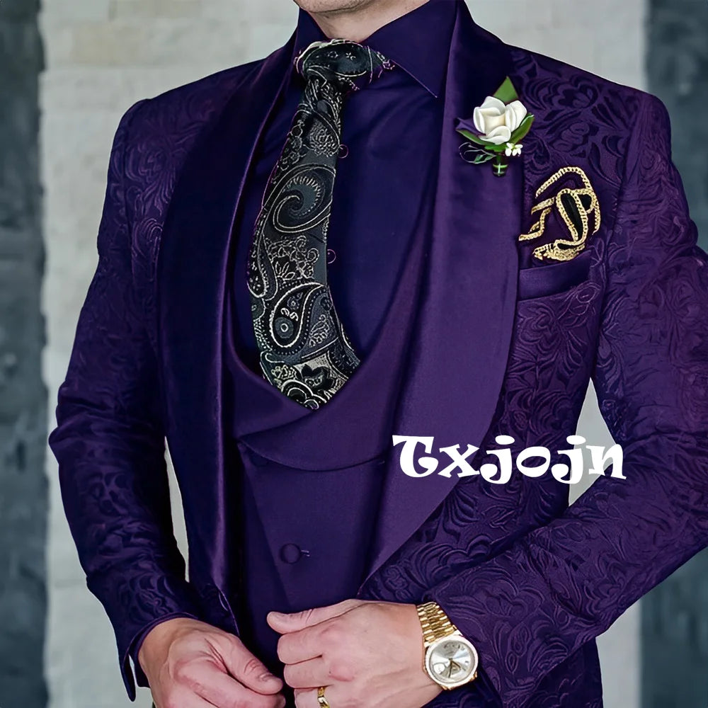 Exquisitos trajes de jacquard de 3 piezas para hombre, conjuntos de novio de boda, bonito conjunto de traje con solapa y chal, ropa de baile, esmoquin Formal para negocios