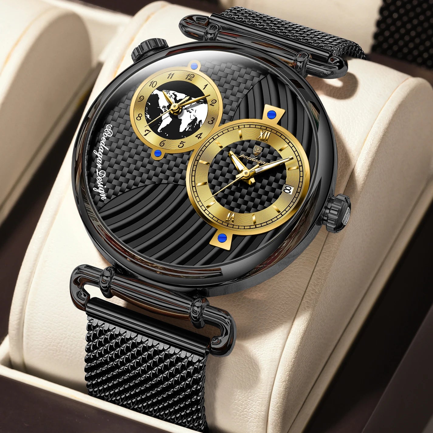 Reloj de hombre POEDAGAR de moda con doble zona horaria, resistente al agua, con fecha, deportivo, de malla de acero inoxidable, de cuarzo + caja.