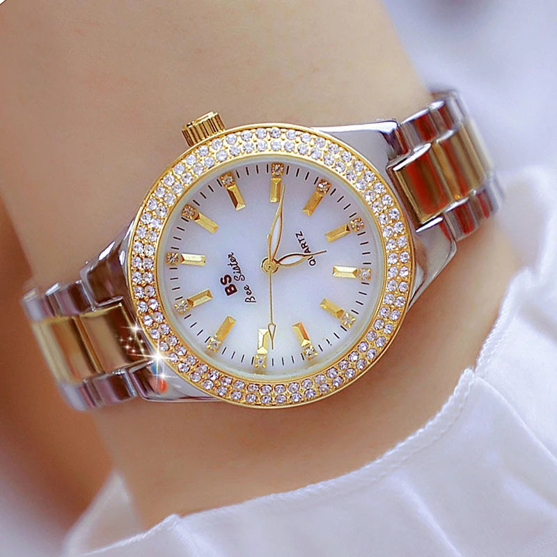 Relojes de pulsera de acero inoxidable para mujer, reloj dorado con diamantes de cristal, plateado
