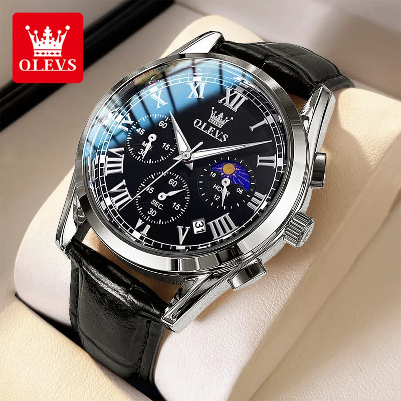 OLEVS 2871 reloj de cuarzo para hombre de la mejor marca, reloj de negocios noctilucente resistente al agua de lujo, correa de cuero, reloj de fase lunar, reloj Masculino