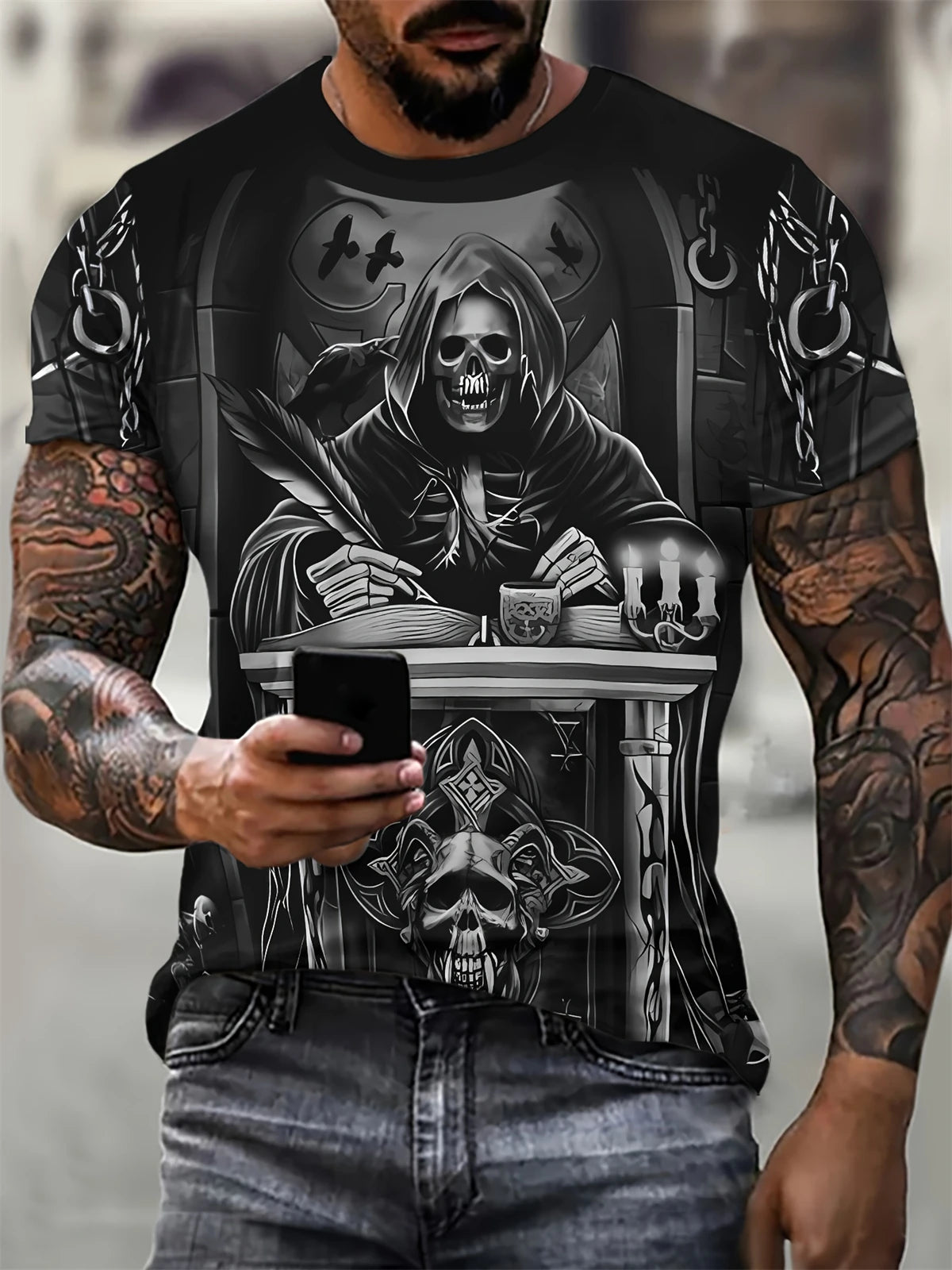 Camiseta de manga corta con estampado 3D de cabeza de calavera para hombre, camiseta de cuello redondo de estilo Punk, ropa de gran tamaño para exteriores de verano, novedad
