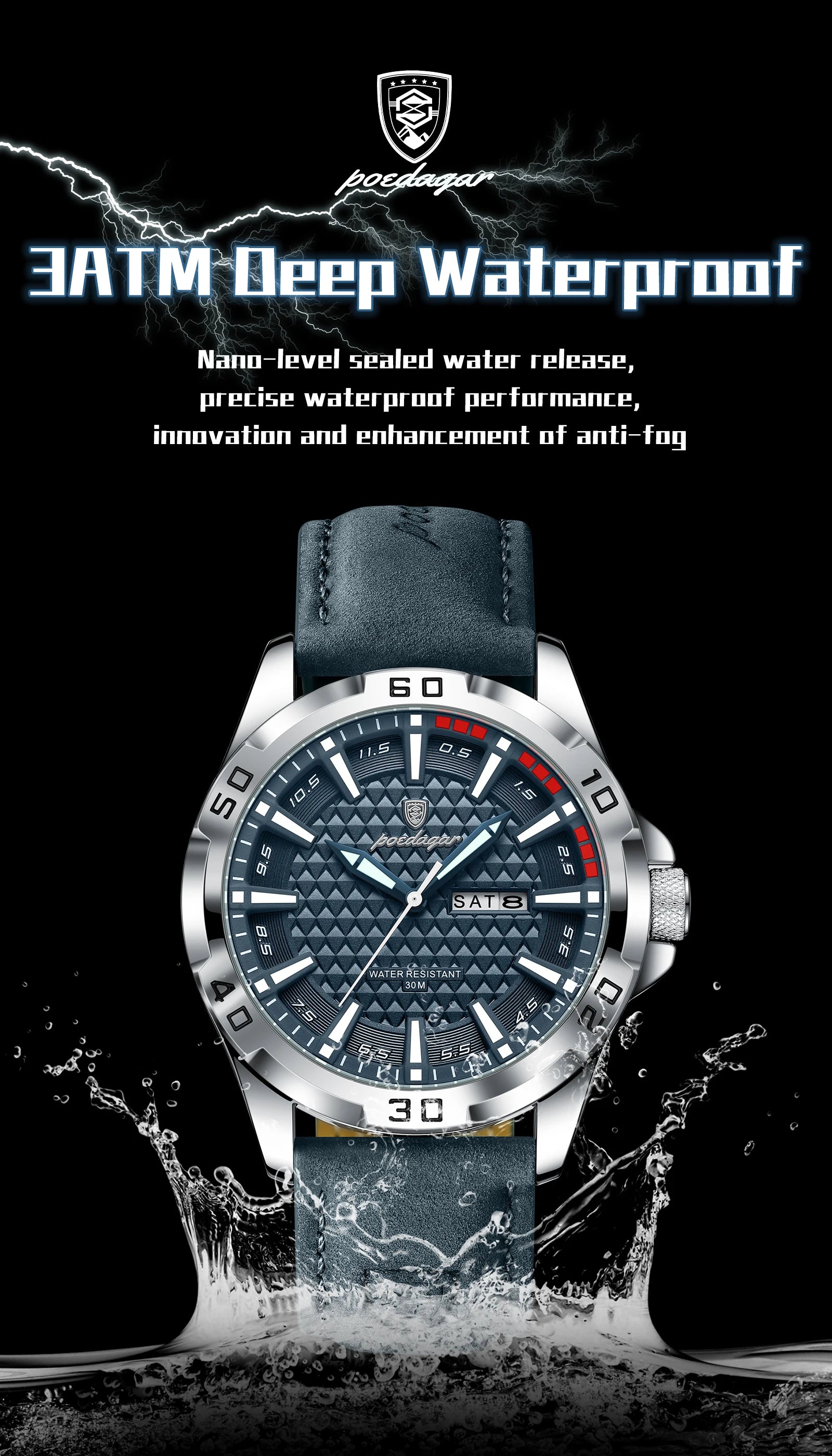 POEDAGAR Original Man Wristwatch Top Luxury Waterproof Luminous Date Week Watch For Men Quartz Sport Leather Men's Watches Reloj