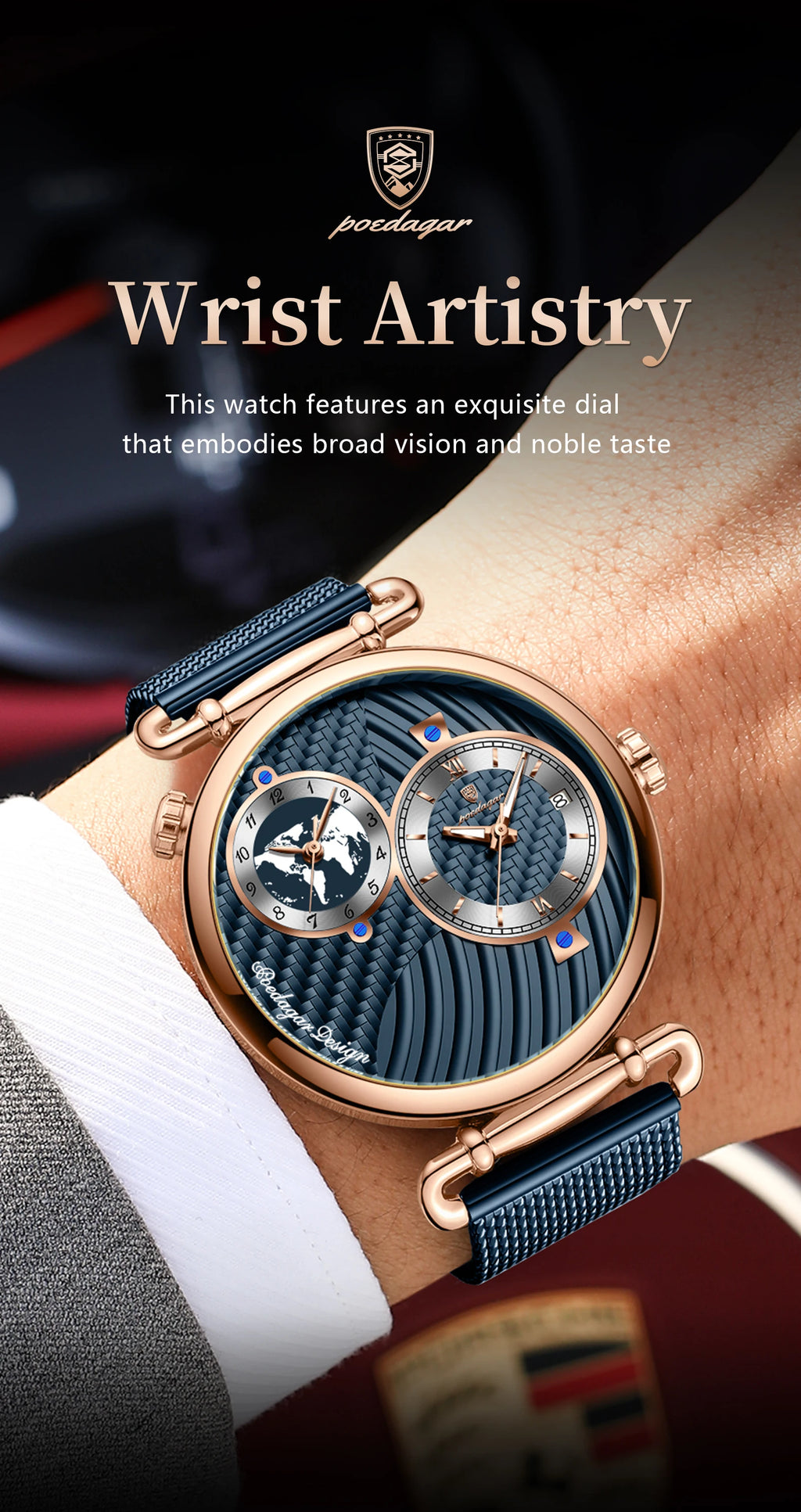 Reloj de hombre POEDAGAR de moda con doble zona horaria, resistente al agua, con fecha, deportivo, de malla de acero inoxidable, de cuarzo + caja.