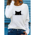 Camiseta de gato negro, camiseta gótica divertida, camiseta informal de manga larga con estampado de gato negro para mujer, camiseta con cuello redondo