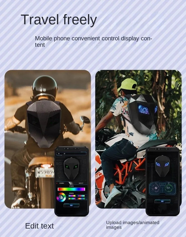 Mochila LED para Motociclistas con Ojos Brillantes, Textura de Fibra de Carbono, Casco, Mochila Escolar, Mochila para Portátil de Moto