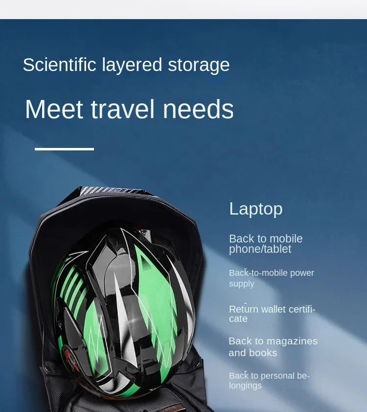 Mochila LED para Motociclistas con Ojos Brillantes, Textura de Fibra de Carbono, Casco, Mochila Escolar, Mochila para Portátil de Moto