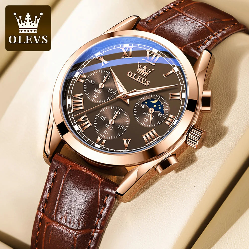 OLEVS 2871 reloj de cuarzo para hombre de la mejor marca, reloj de negocios noctilucente resistente al agua de lujo, correa de cuero, reloj de fase lunar, reloj Masculino