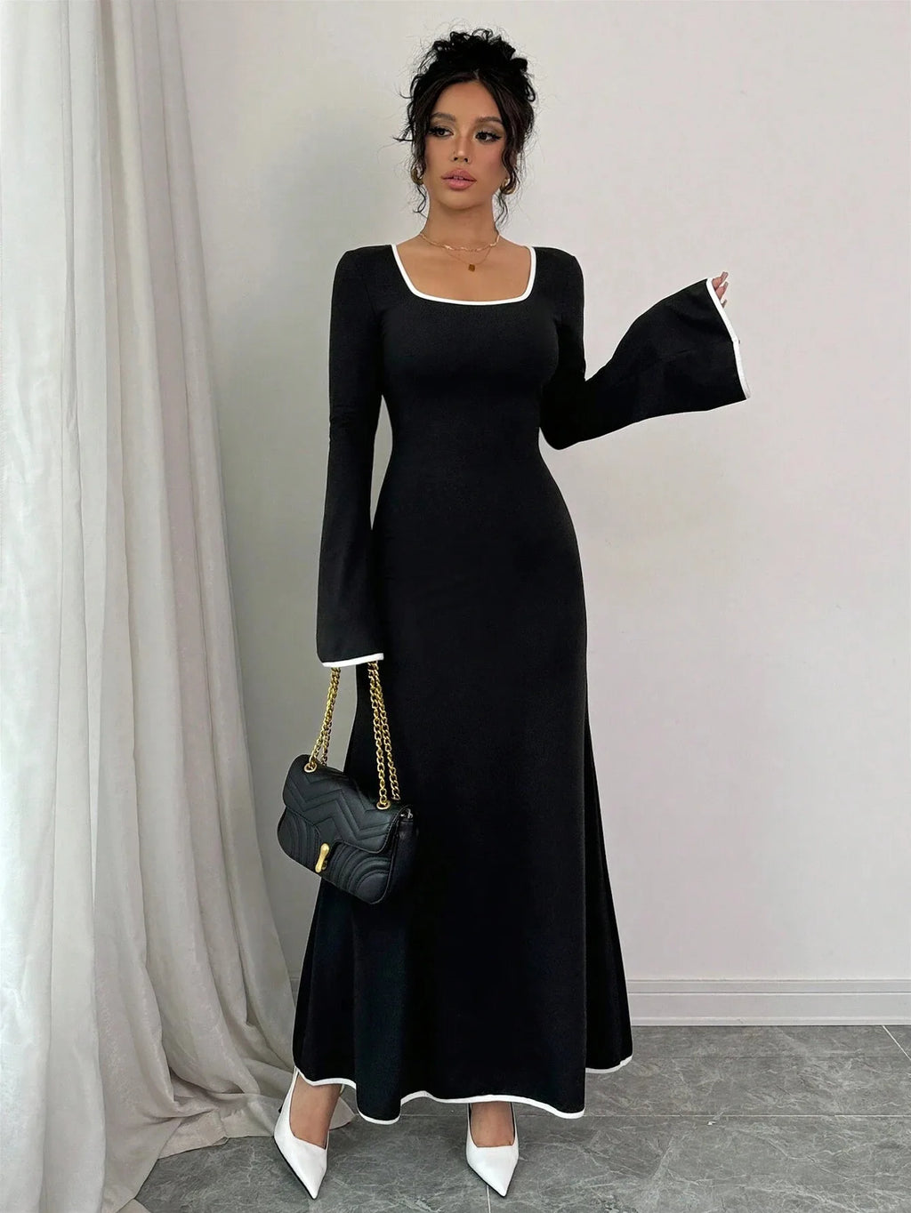 Vestido Elegante con Cuello Cuadrado y Bloques de Color, Estilo Delgado y Femenino, Vestido Casual de Moda para Mujer
