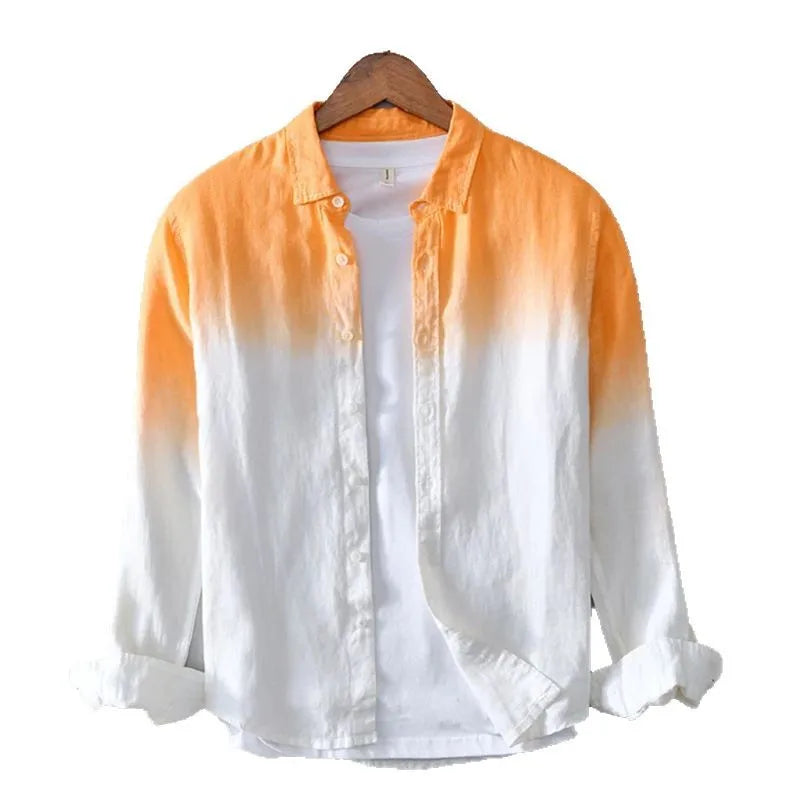 Camisa informal de primavera y otoño con cuello de manga larga, camisa de lino a la moda con estampado 3D de cambio de Color claro para hombre, XS-6XL