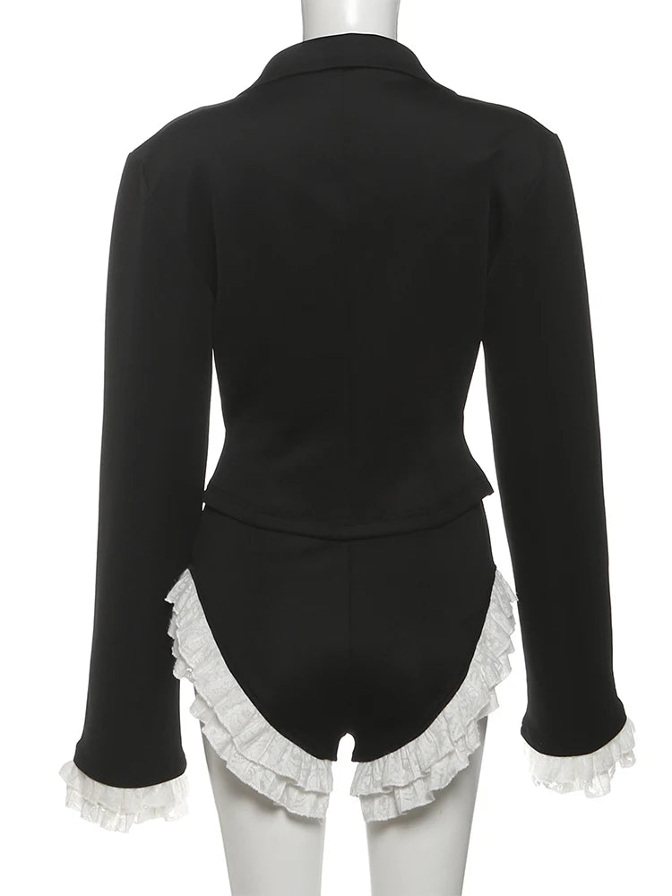 SiSterlinda-Conjunto de 2 piezas de retazos para mujer, Tops cortos con cremallera y cuello en V y manga acampanada + Mini pantalones cortos de encaje, trajes Hipster elegantes de estilo de oficina