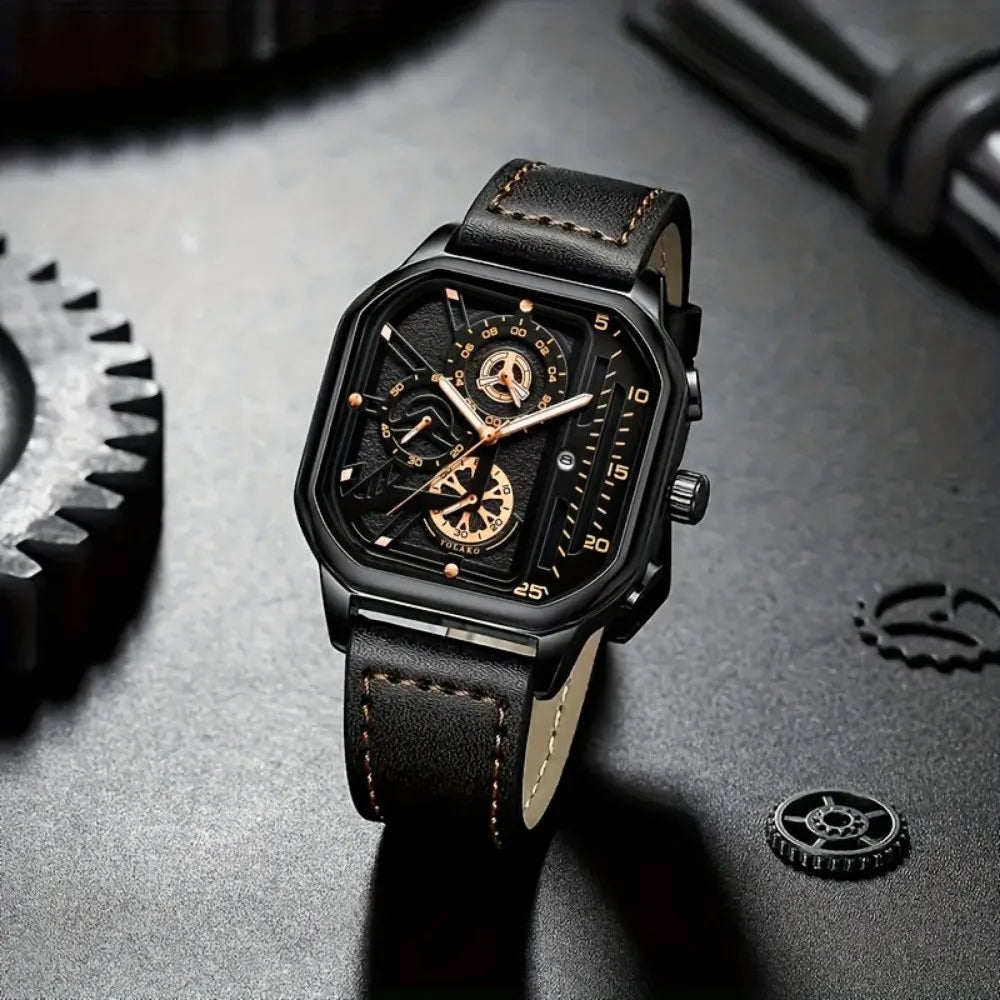 Reloj cuadrado de lujo con esfera grande para hombre, correa de cuero PU informal, relojes deportivos para hombre