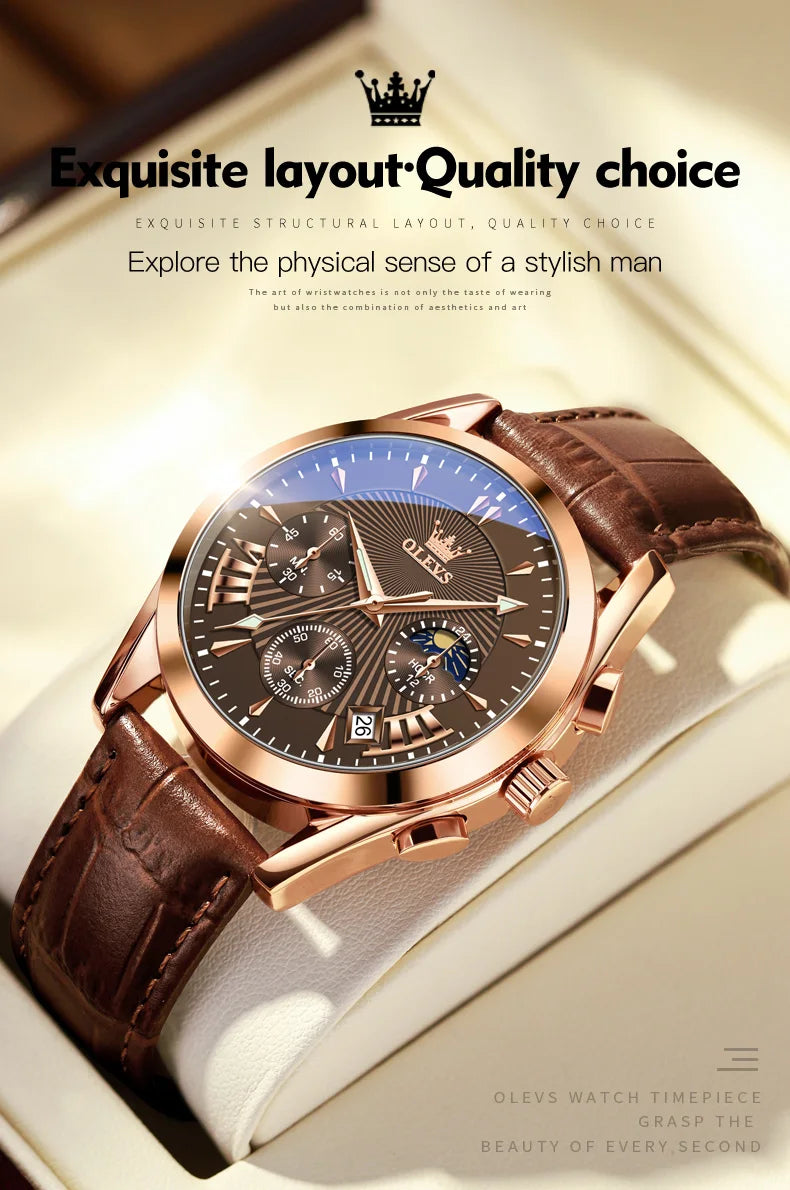 OLEVS-reloj de cuarzo resistente al agua para hombre, cronógrafo de pulsera con correa de cuero, marca de lujo Original, alta calidad, a la moda