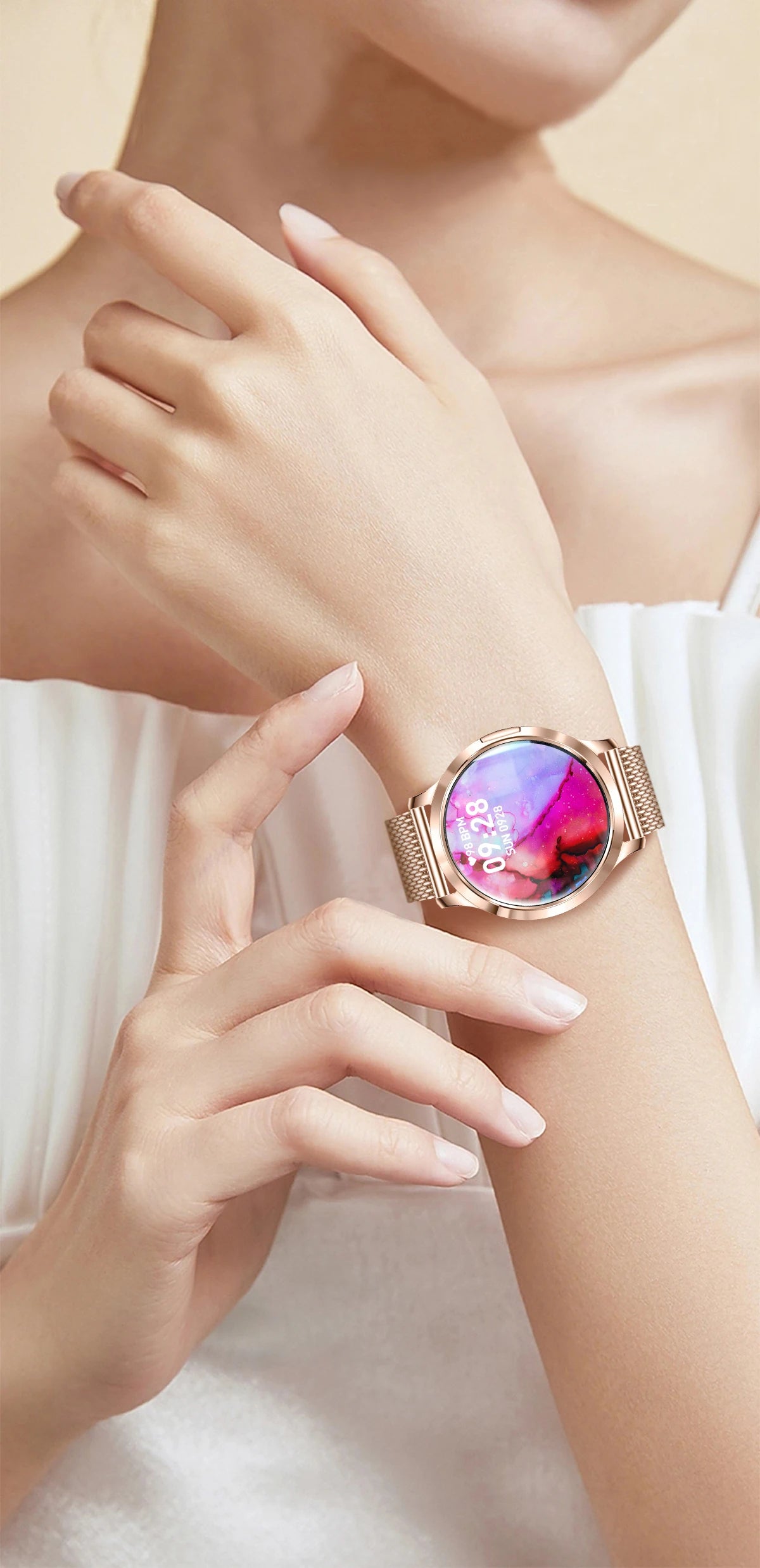 Nuevo reloj inteligente para mujer 1,32 "AMOLED pantalla completamente táctil Bluetooth llamada presión arterial IP68 impermeable NFC 7,3mm pulsera ultrafina
