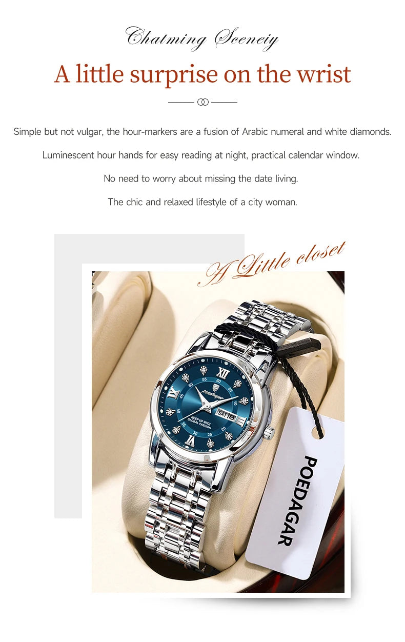 POEDAGAR, reloj de pulsera de lujo para mujer, resistente al agua, luminoso, fecha, semana, relojes para mujer, vestido elegante de acero inoxidable, reloj de cuarzo para mujer