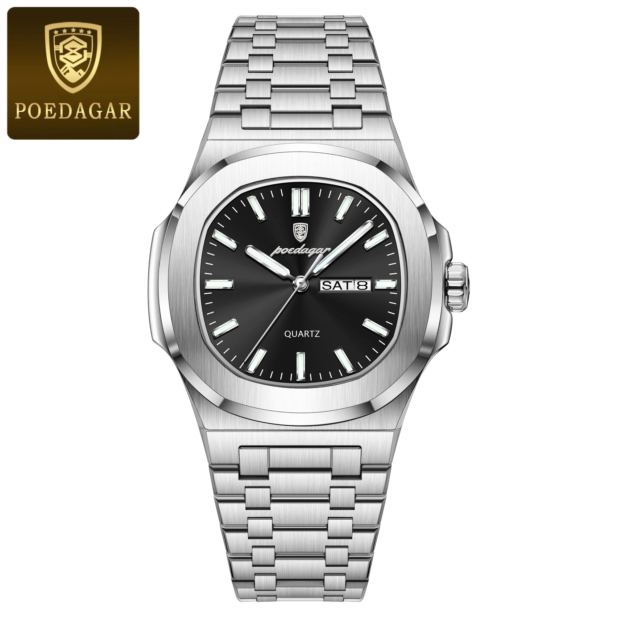 POEDAGAR, relojes cuadrados de lujo para hombre, Reloj luminoso resistente al agua con fecha y semana para hombre, Reloj de pulsera de cuarzo a la moda de acero inoxidable para hombre