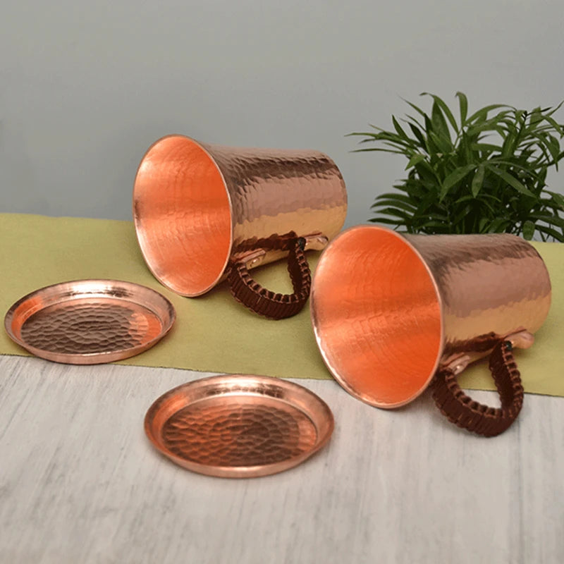 Taza de café y tapa de cerveza de cobre puro, taza de leche con disco, mango tejido Retro hecho a mano, vasos para beber de 350ml, regalos para parejas