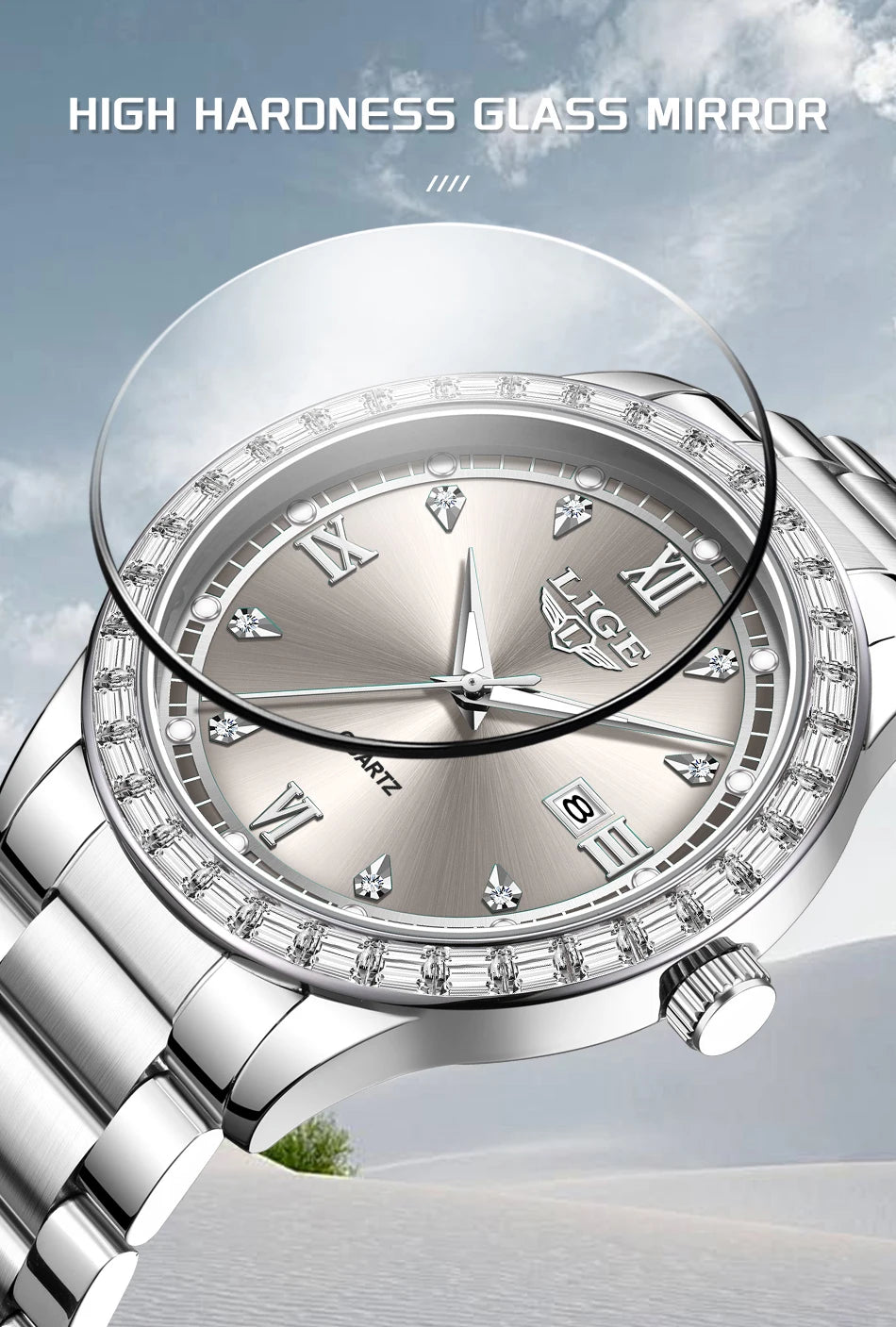 Reloj LIGE elegante para mujer, reloj resistente al agua a la moda, reloj luminoso de cuarzo de negocios de acero inoxidable para mujer, reloj de mujer + caja