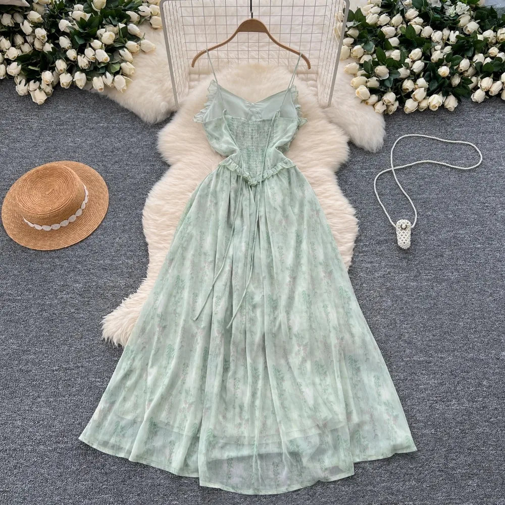 Women's Pleated V-Neck Dress, Elegant Chic Print Clothing, Korean, Sexy, Strappy, Vintage, High Street, Hotsweet, Slim, Fairycore, Summer