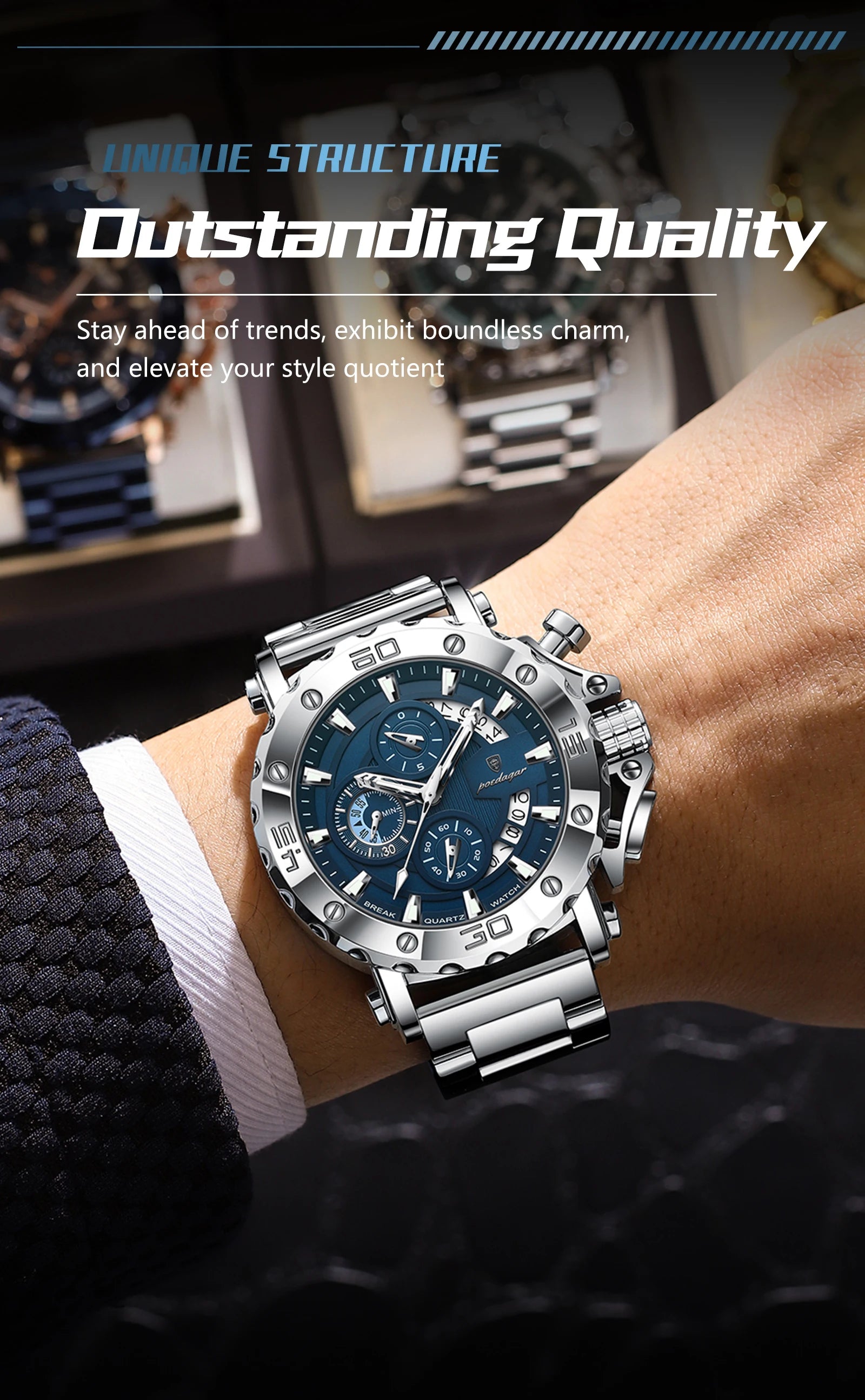 Reloj POEDAGAR de lujo para hombre, calendario luminoso, resistente al agua, Reloj para hombre, cronógrafo masculino, relojes de cuarzo de acero inoxidable para hombre