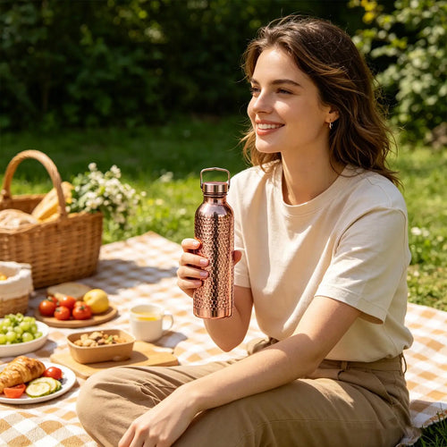 800ml 304 Stainless Steel Electroplated Copper Water Bottle Insulated Drinkware Hammer Pattern Bottle for Camping Hiking