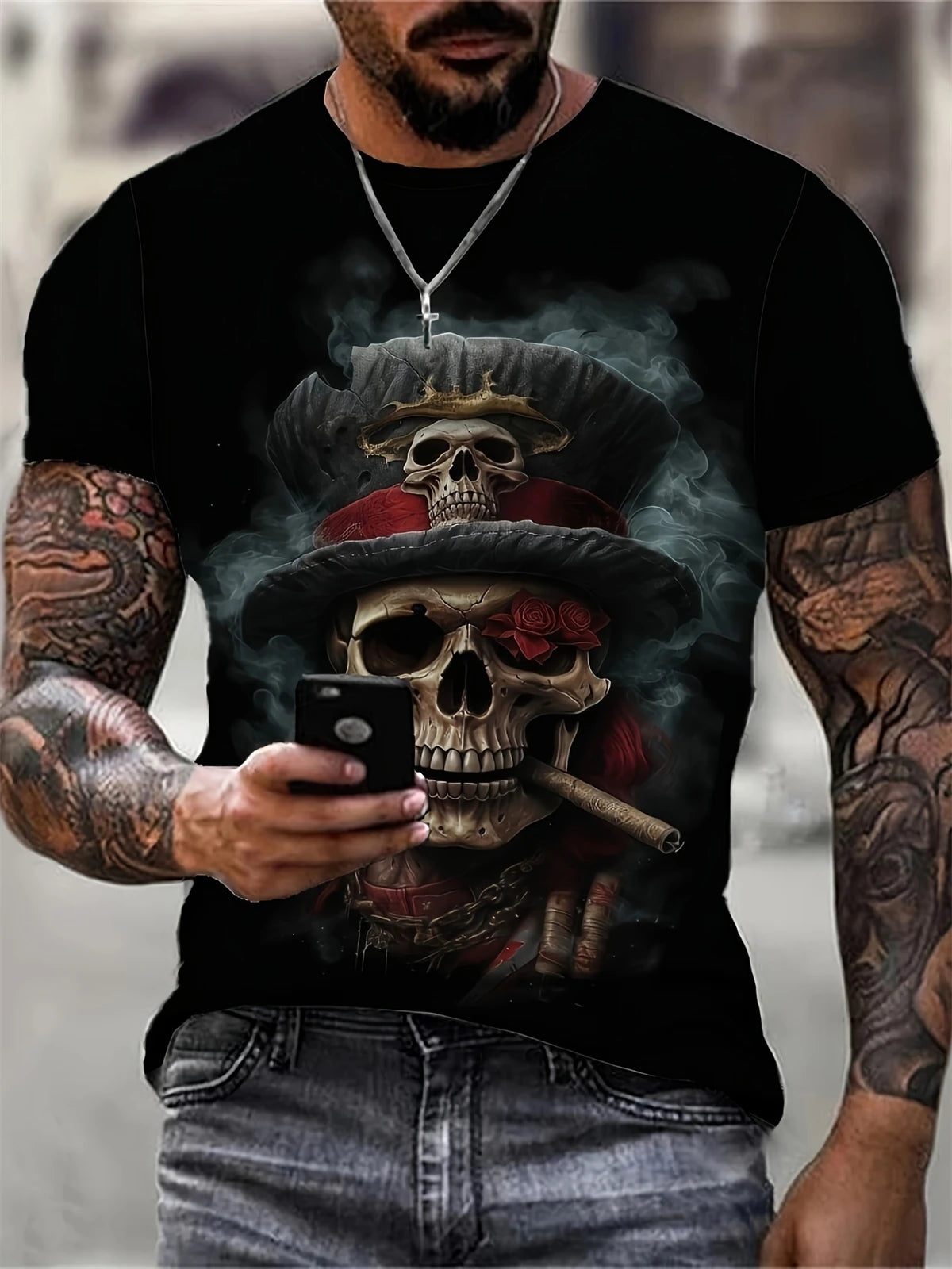 Camiseta de manga corta con estampado 3D de cabeza de calavera para hombre, camiseta de cuello redondo de estilo Punk, ropa de gran tamaño para exteriores de verano, novedad