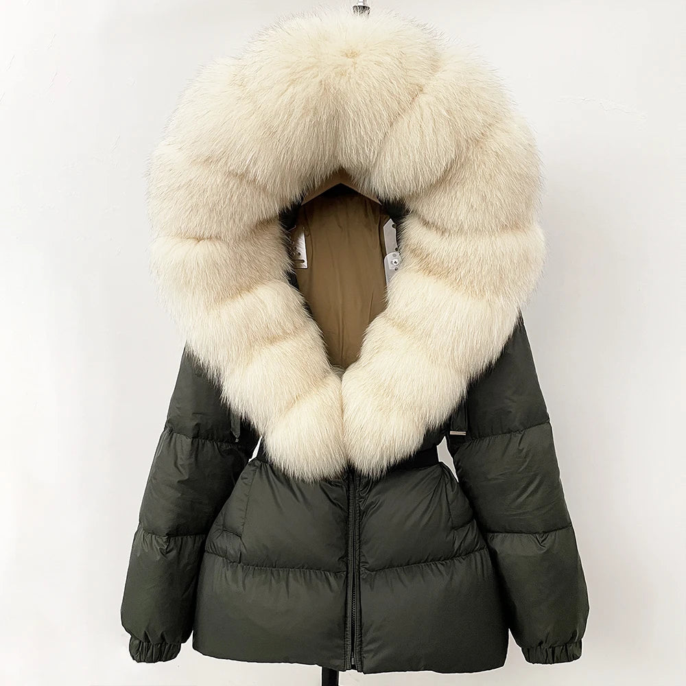 OFTBUY 2025 nueva ropa de invierno para mujer, abrigo de plumón de pato blanco, chaqueta con capucha de piel de zorro Natural, chaqueta acolchada cálida a la moda para mujer