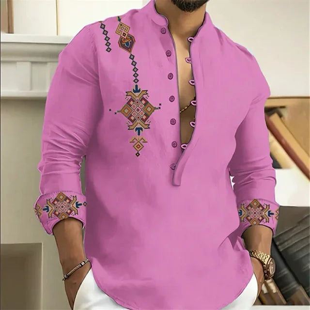 2025 Men's Shirt 15 Colors Tribe Pattern Printing Retro Geometry Leads Outdoor Street Long Sleeve Shirt Super Large Size S-5XL