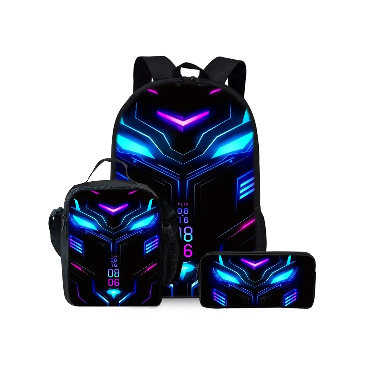 Mochilas Escolares de Tres Piezas con Estampado de Robots Mecánicos para Niños y Niñas, el Mejor Regalo, Diseño Plano 2D de Dibujos Animados