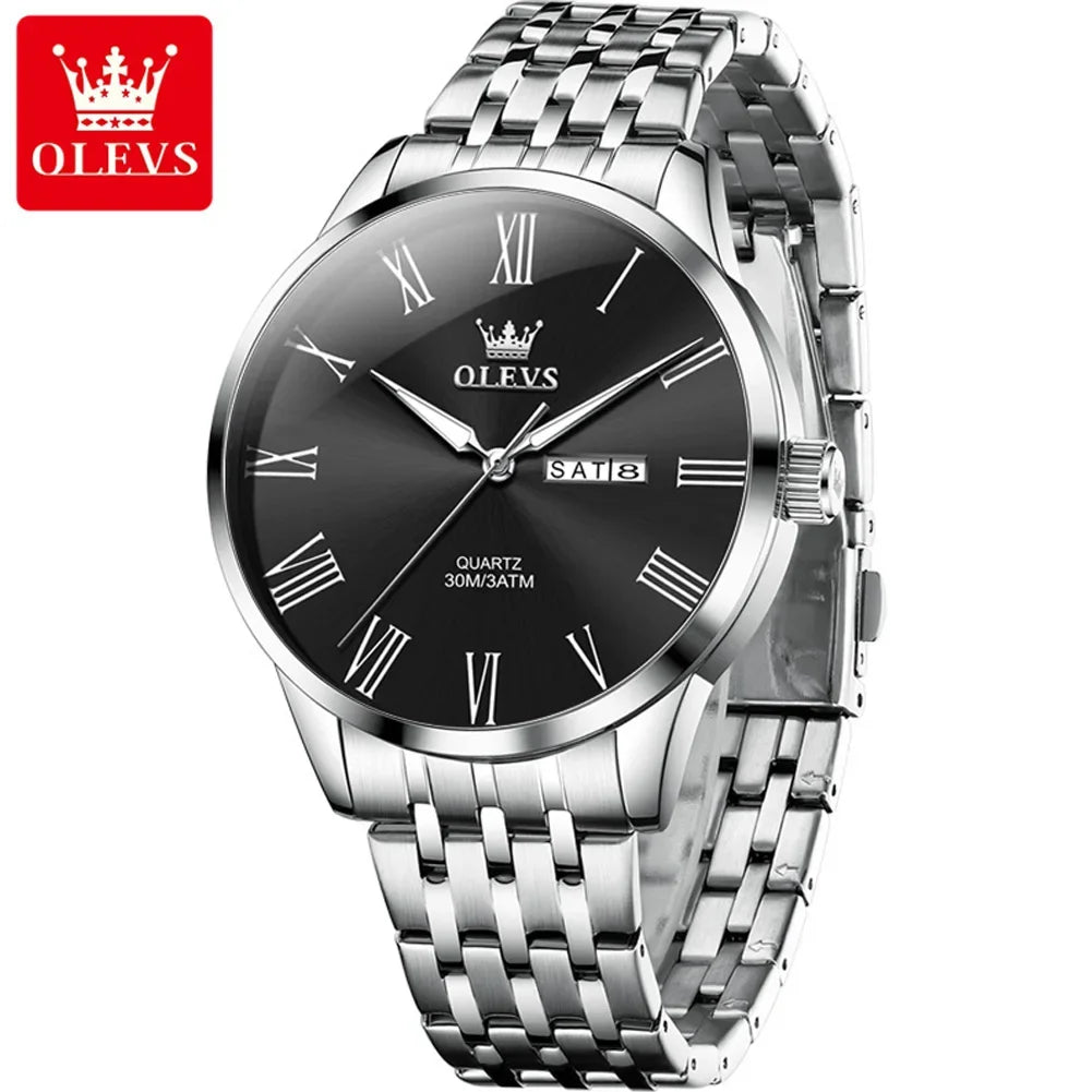 OLEVS, reloj minimalista de negocios de acero inoxidable para hombre, manecillas luminosas de lujo, calendario a escala romana, relojes de cuarzo resistentes al agua para hombre