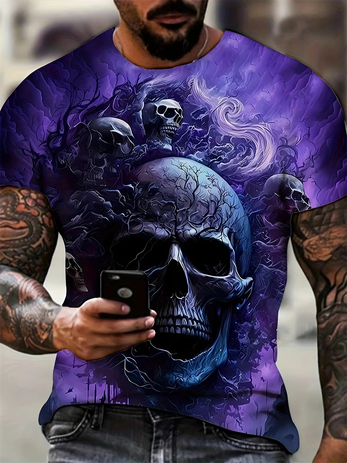 Camiseta de manga corta con estampado 3D de cabeza de calavera para hombre, camiseta de cuello redondo de estilo Punk, ropa de gran tamaño para exteriores de verano, novedad