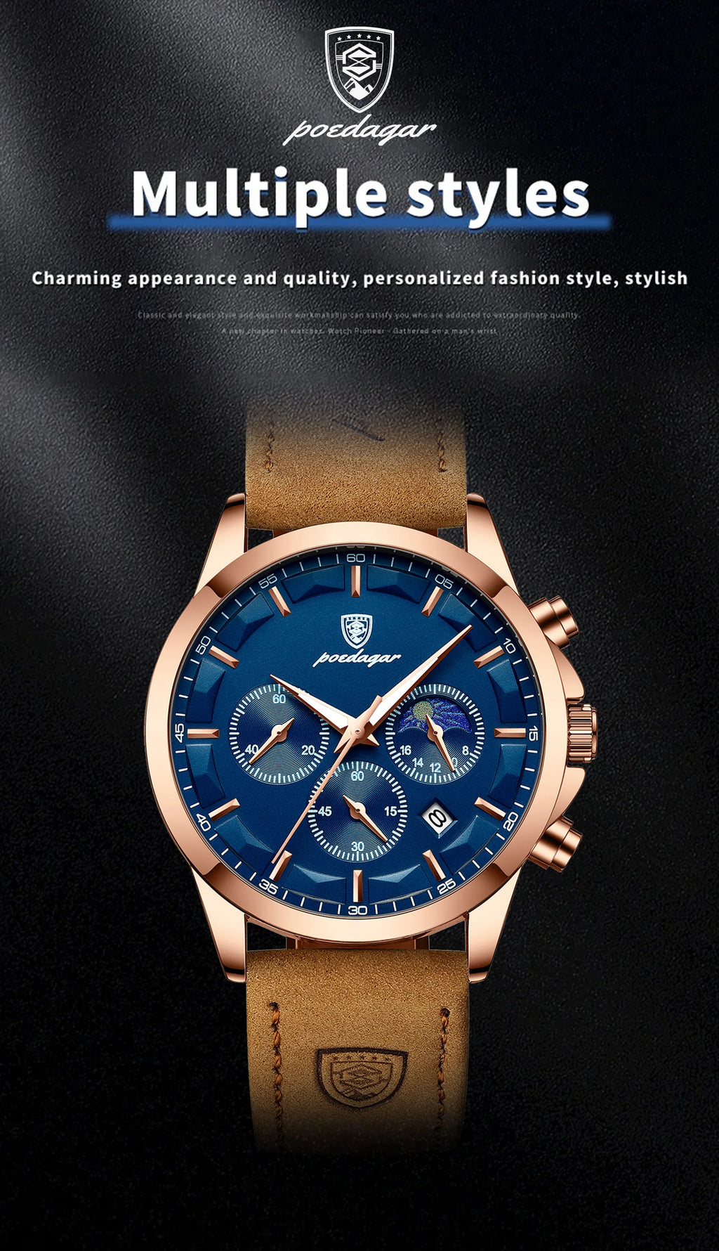 POEDAGAR, reloj deportivo de cuarzo de lujo para hombre, cronógrafo resistente al agua, reloj de pulsera luminoso con fecha para hombre, relojes de cuero de negocios para hombre