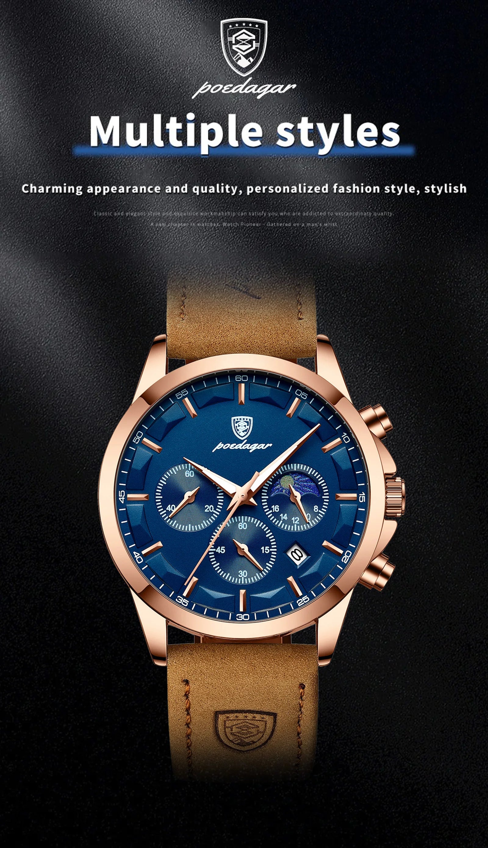 POEDAGAR, reloj deportivo de cuarzo de lujo para hombre, cronógrafo resistente al agua, reloj de pulsera luminoso con fecha para hombre, relojes de cuero de negocios para hombre