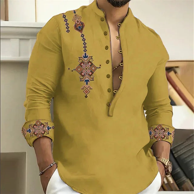 2025 Men's Shirt 15 Colors Tribe Pattern Printing Retro Geometry Leads Outdoor Street Long Sleeve Shirt Super Large Size S-5XL