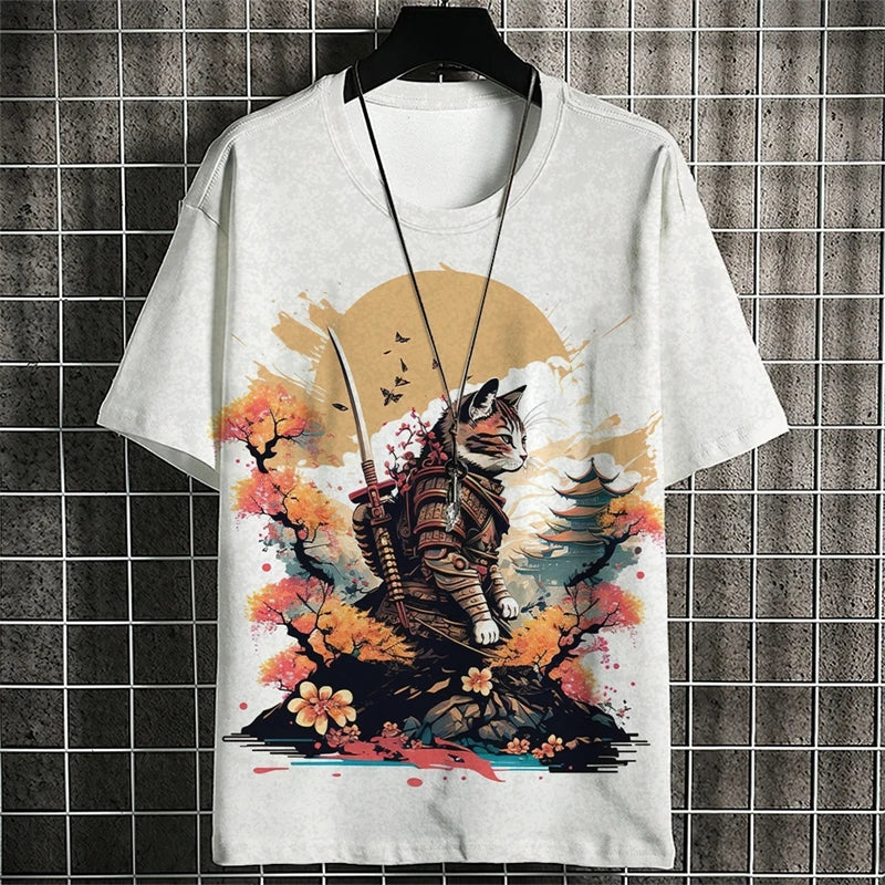 Camisetas con estampado de gato guerrero a la moda para hombre, camisetas con estampado de gato 3D y cuello redondo para verano, ropa informal de moda, camisetas Harajuku
