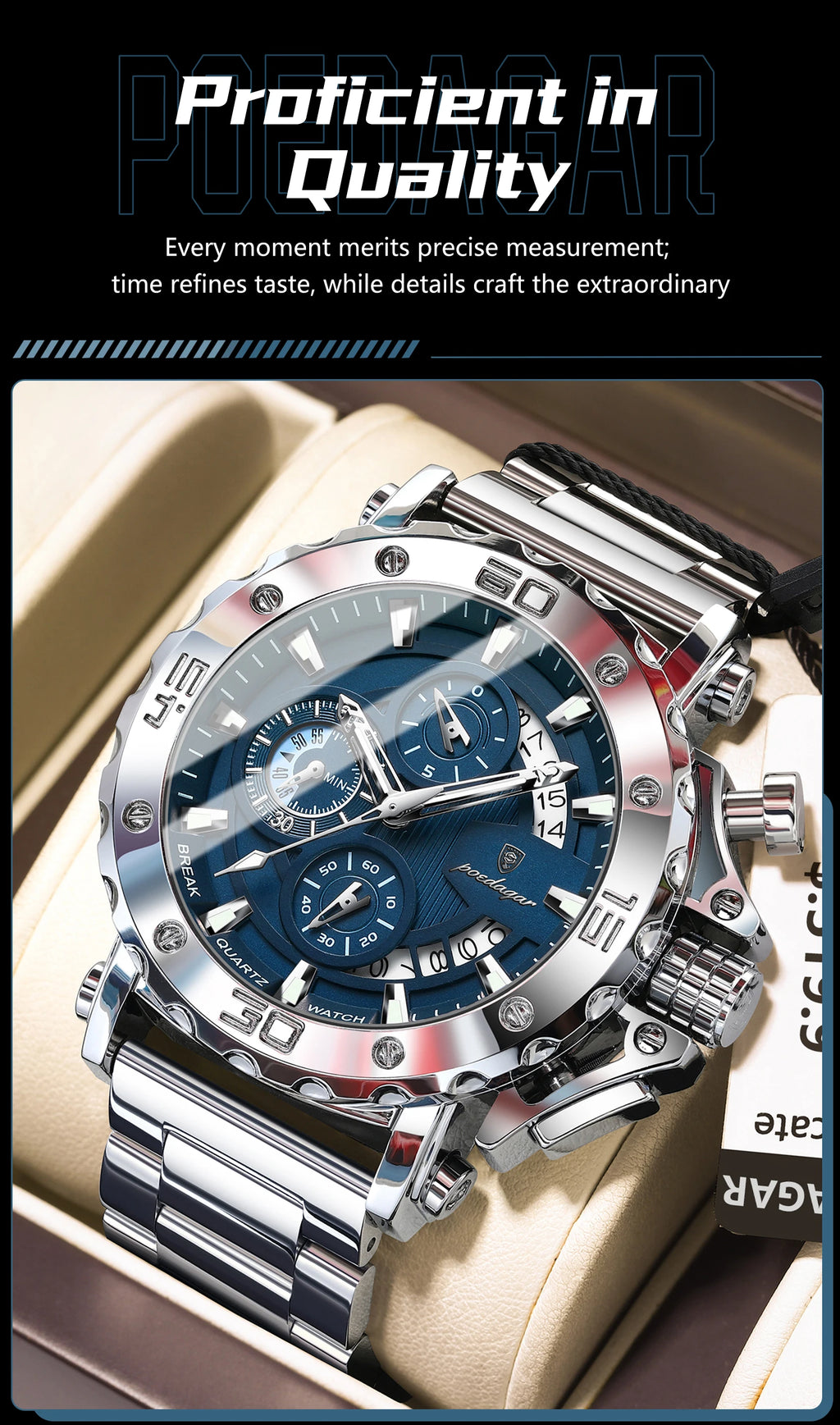 Reloj POEDAGAR de lujo para hombre, calendario luminoso, resistente al agua, Reloj para hombre, cronógrafo masculino, relojes de cuarzo de acero inoxidable para hombre