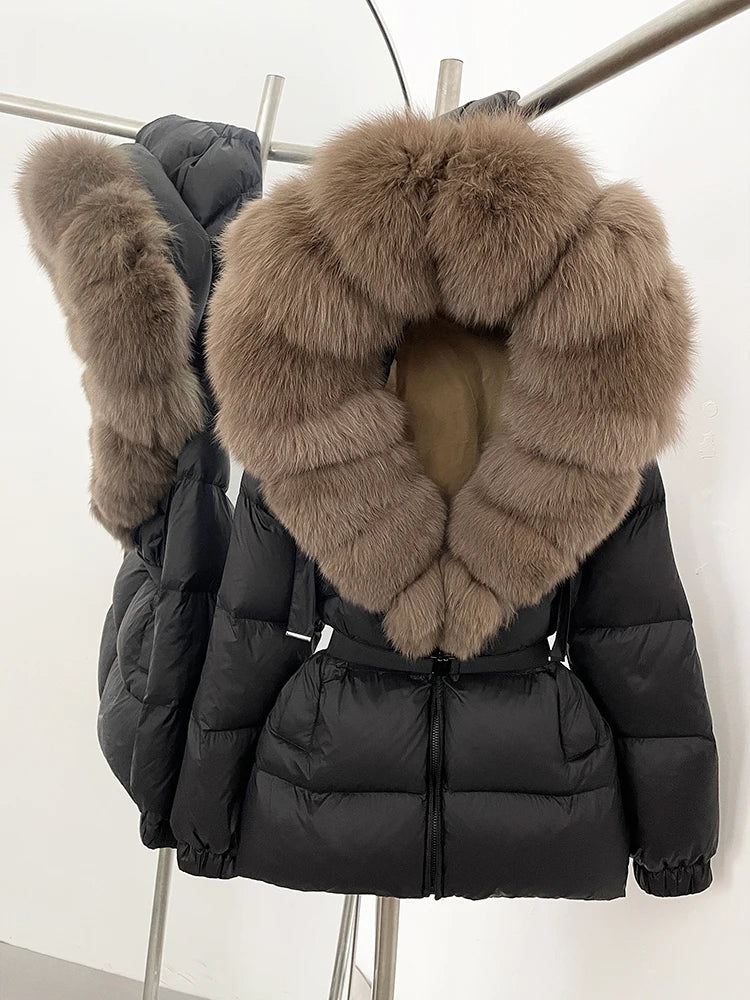 OFTBUY 2025 nueva ropa de invierno para mujer, abrigo de plumón de pato blanco, chaqueta con capucha de piel de zorro Natural, chaqueta acolchada cálida a la moda para mujer