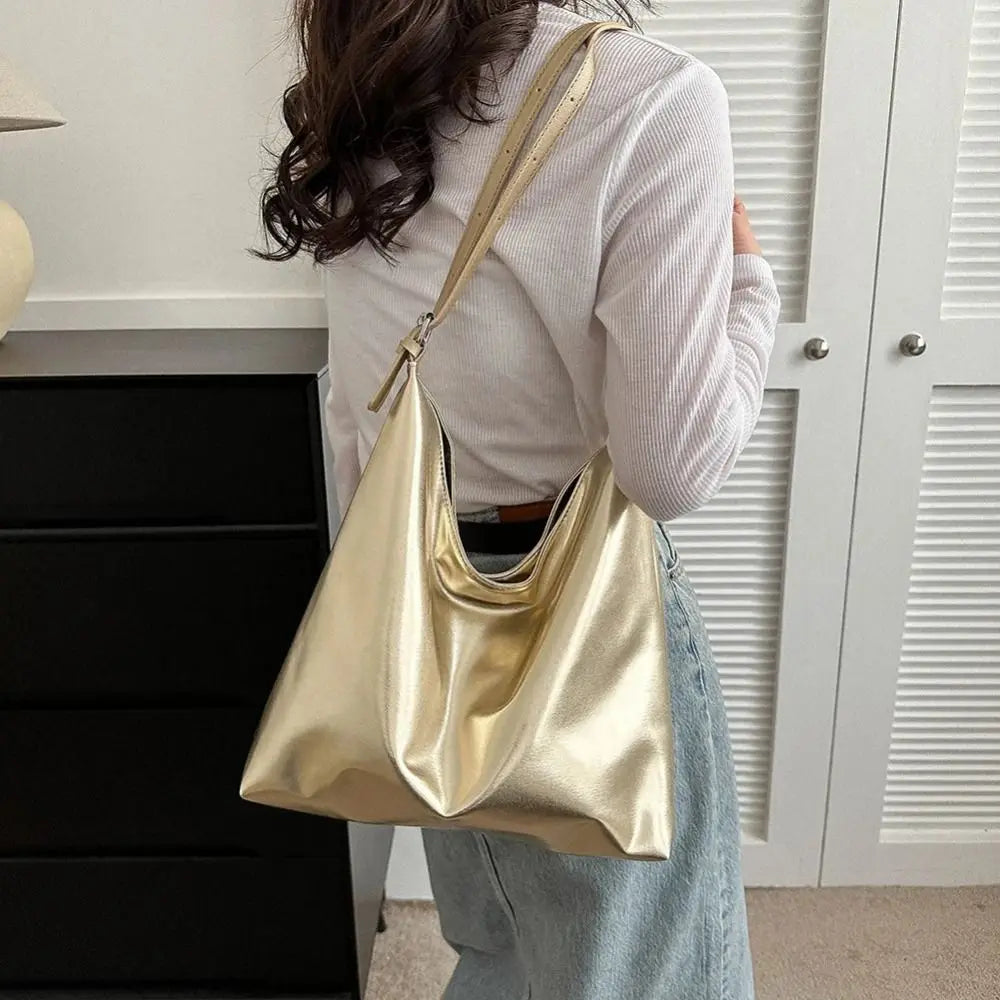 Bolso de mano con asa superior de PU para mujer, bolso de compras de diseñador de lujo, bolso de mano informal de cuero dorado plateado de alta capacidad, moda
