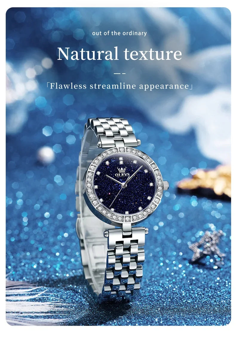 OLEVS 3641 Elegante reloj de cuarzo resistente al agua para mujer Esfera estrellada luminosa de acero inoxidable con caja de regalo - Accesorio de moda para mujer