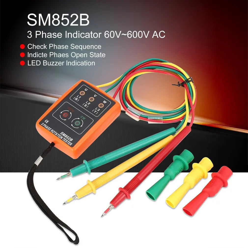 Probador de rotación de 3 fases SM852B, Detector de indicador de fase Digital, herramientas de prueba de voltaje de medidor de secuencia de fase de zumbador LED