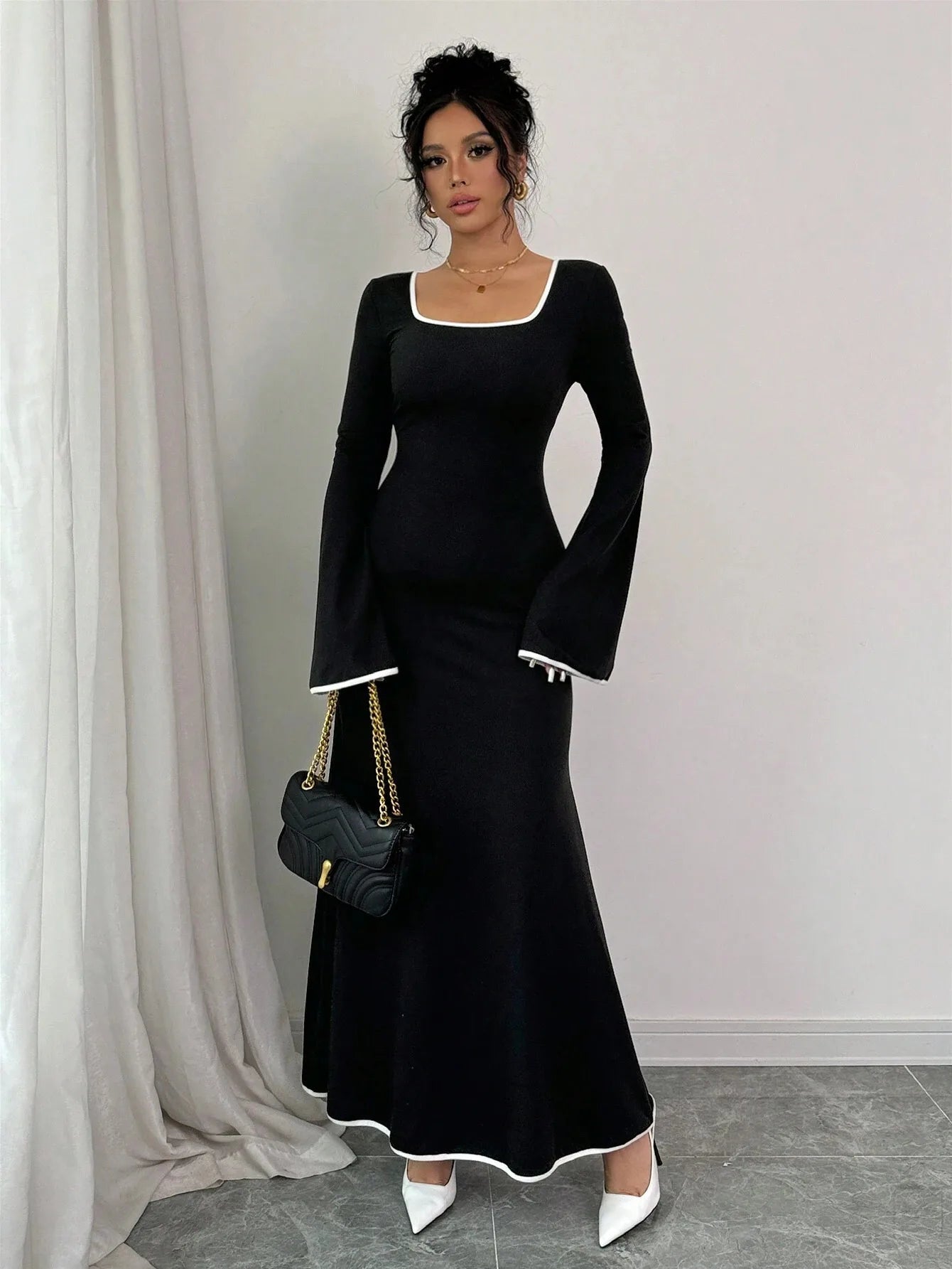 Vestido Elegante con Cuello Cuadrado y Bloques de Color, Estilo Delgado y Femenino, Vestido Casual de Moda para Mujer
