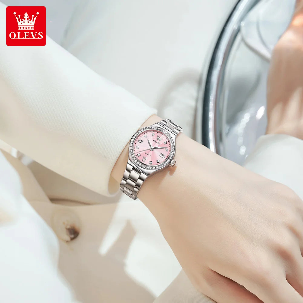 OLEVS Brand Original Quartz Watch Women Watch Fashion Waterproof Luminous Stainless Steel Diamond Date Women's Watch Reloj