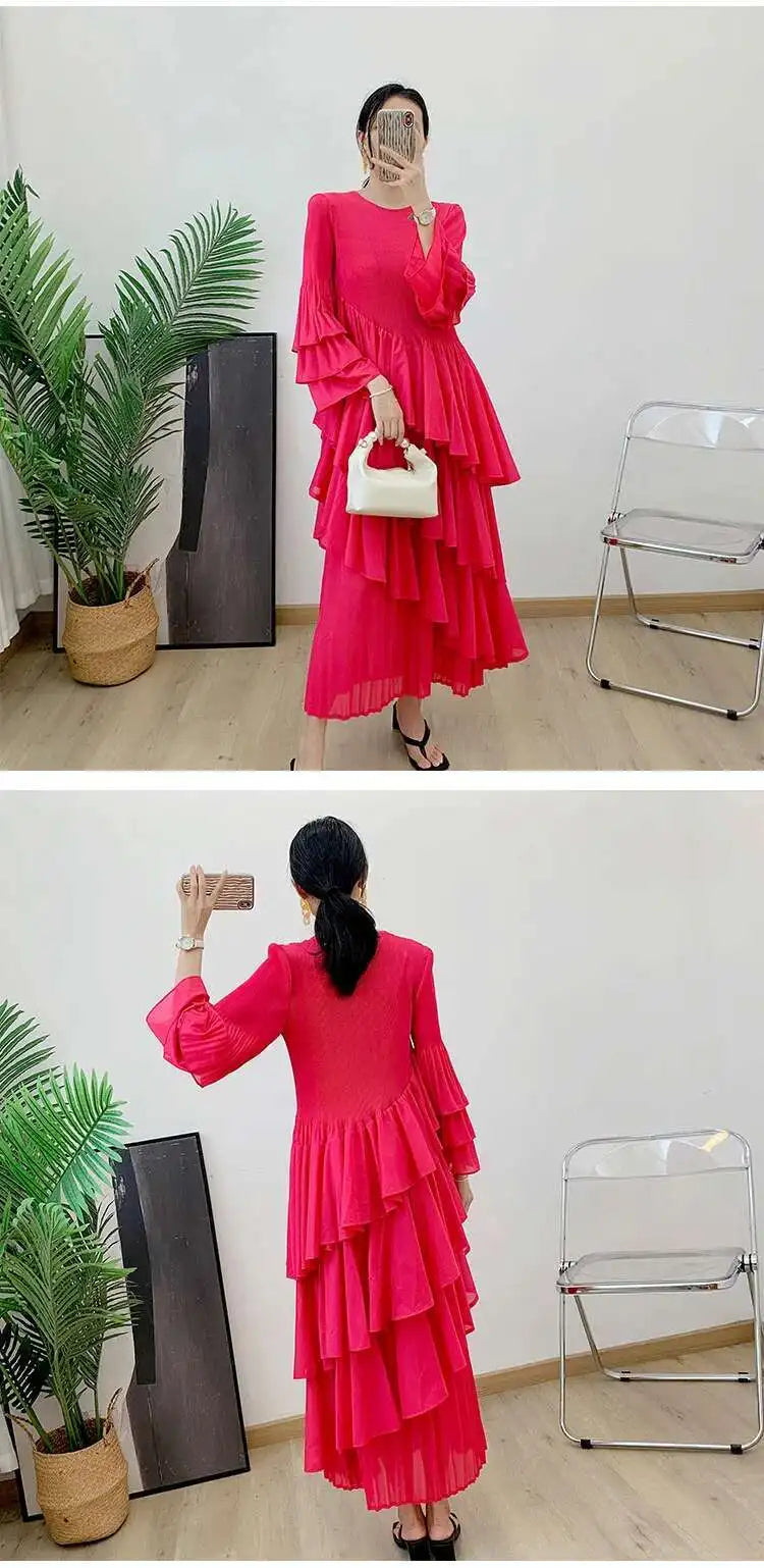 GVUW, vestido plisado para mujer, manga acampanada completa, línea A, volantes empalmados, cuello redondo, fiesta de noche, ropa elegante para mujer 17G4475