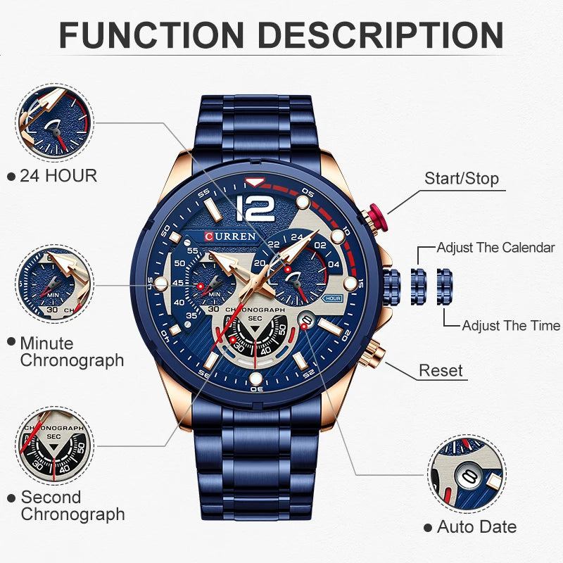 Nuevos relojes CURREN verdes para hombre, relojes de cuarzo de acero inoxidable de lujo de primeras marcas, reloj deportivo con fecha para hombre, reloj de pulsera resistente al agua