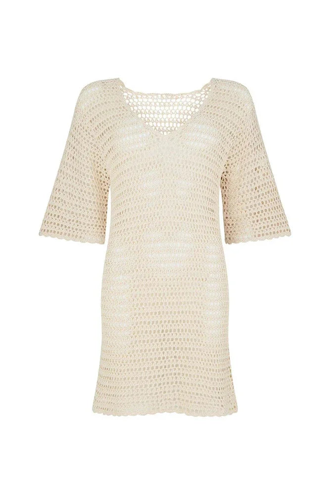 2024 Sexy de punto con cuello en V media manga ahueca hacia fuera la playa Mini vestido de verano 2024 mujeres playa túnica traje de baño cubrir traje Casual K19