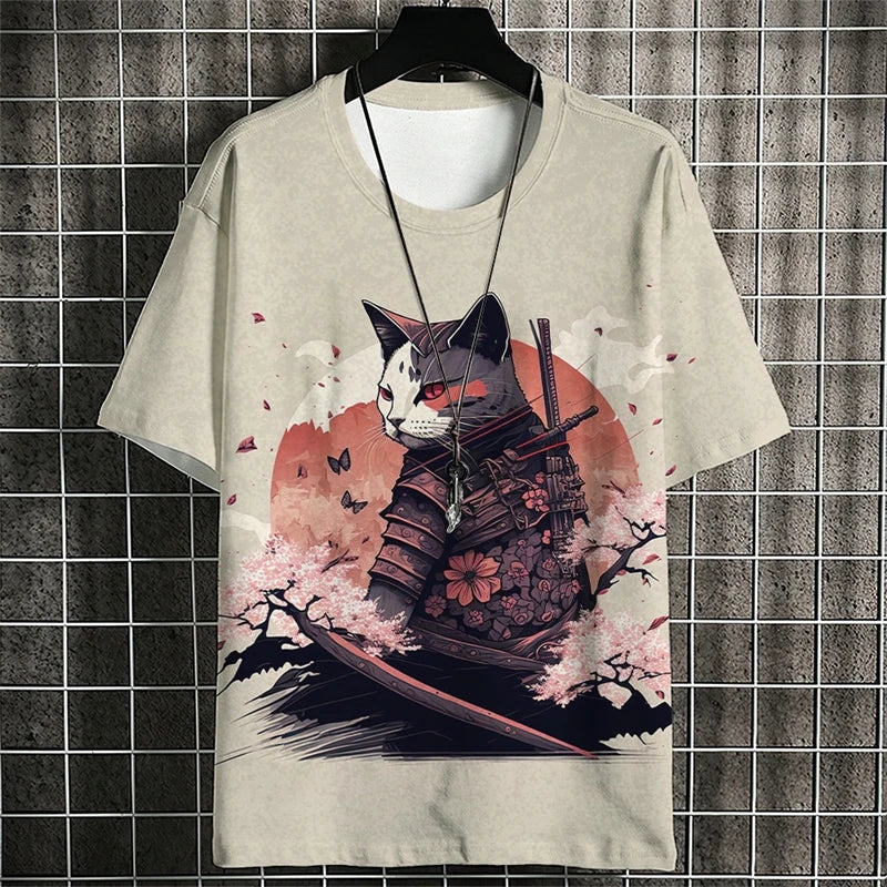 Camisetas con estampado de gato guerrero a la moda para hombre, camisetas con estampado de gato 3D y cuello redondo para verano, ropa informal de moda, camisetas Harajuku