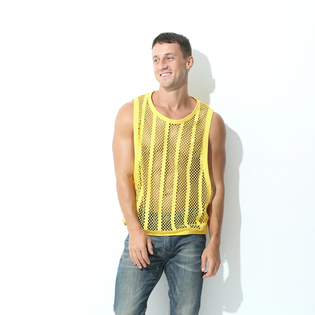 Camisetas sin mangas para hombre, camiseta interior sin mangas, chaleco hueco transparente de malla Sexy, camiseta de rejilla, camiseta musculosa
