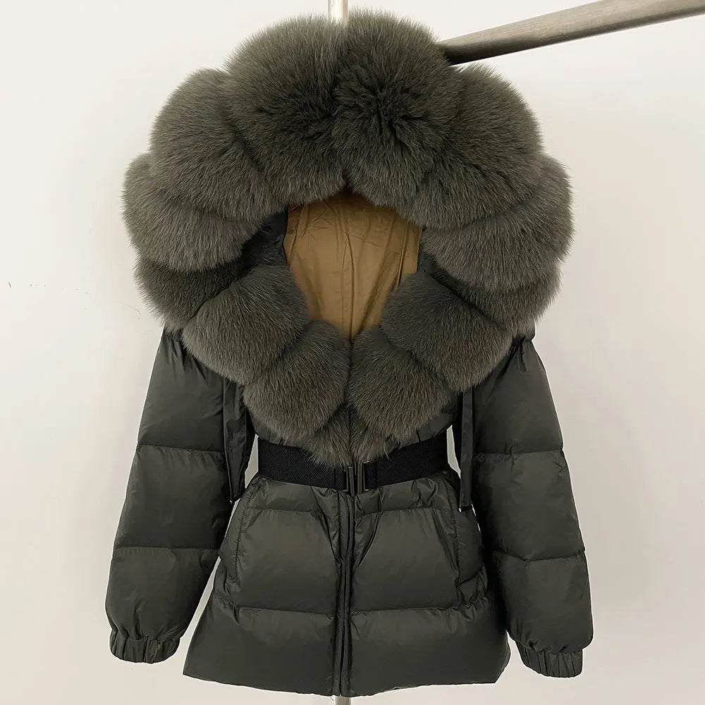 OFTBUY 2025 nueva ropa de invierno para mujer, abrigo de plumón de pato blanco, chaqueta con capucha de piel de zorro Natural, chaqueta acolchada cálida a la moda para mujer