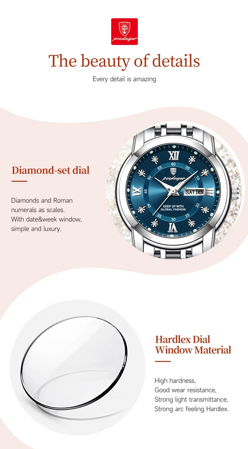 POEDAGAR, reloj de pulsera de lujo para mujer, resistente al agua, luminoso, fecha, semana, relojes para mujer, vestido elegante de acero inoxidable, reloj de cuarzo para mujer